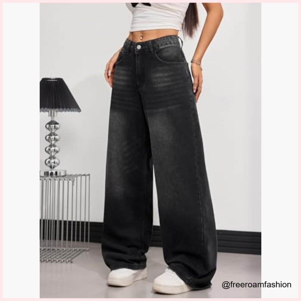 Baggy Wide Leg Jeans High Rise Loose Fit Vintage Y2K Streetwear Pants - Picture 2 of 7